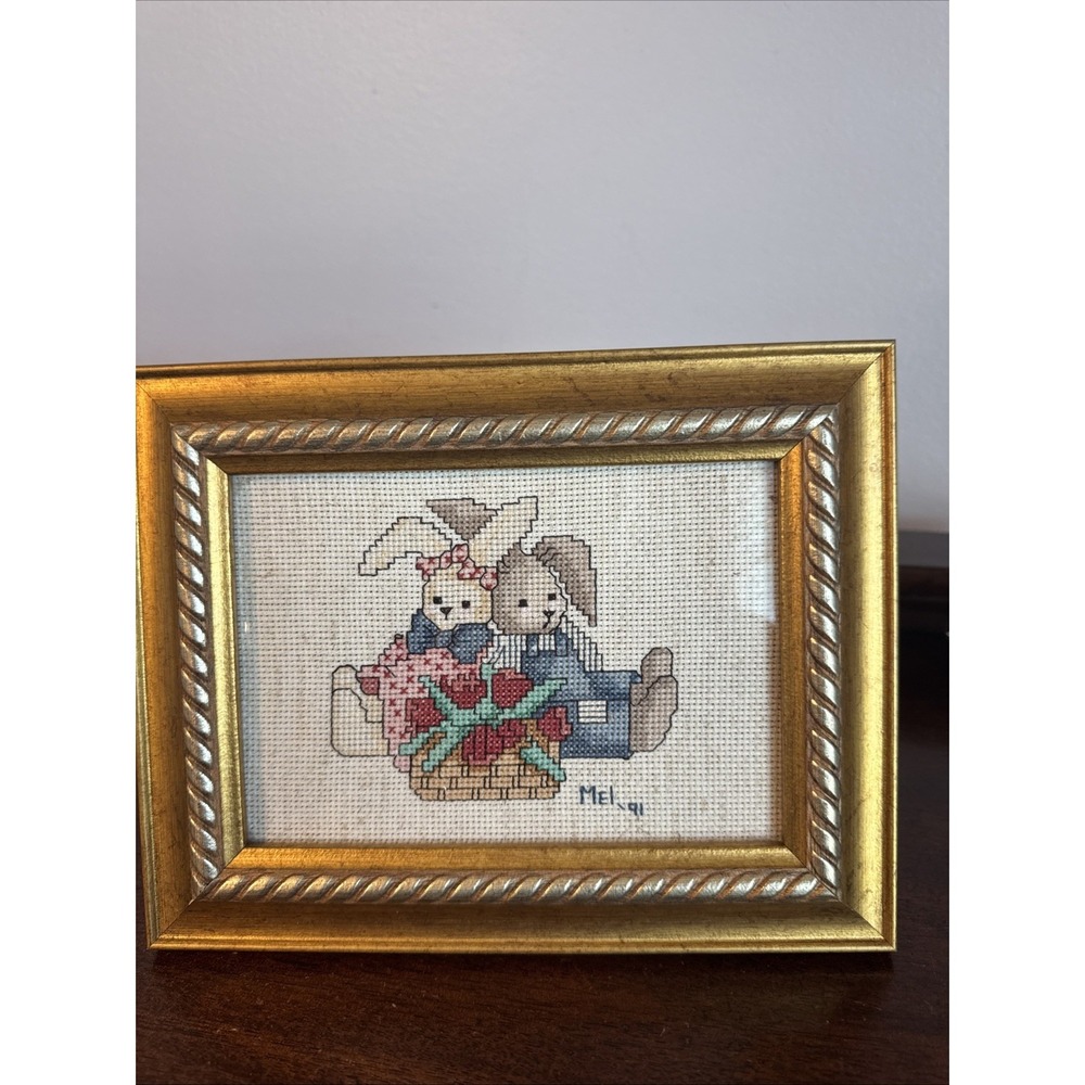 9x7" VNTG Handmade Framed Cross Stitch Wall Art Bunnies & Hearts Cottage Core